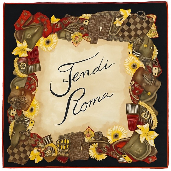 Fendi Roma Vintage Silk Scarf – Karl Lagerfeld Era Sunflower Handbag Collage 34" - Picture 1 of 8